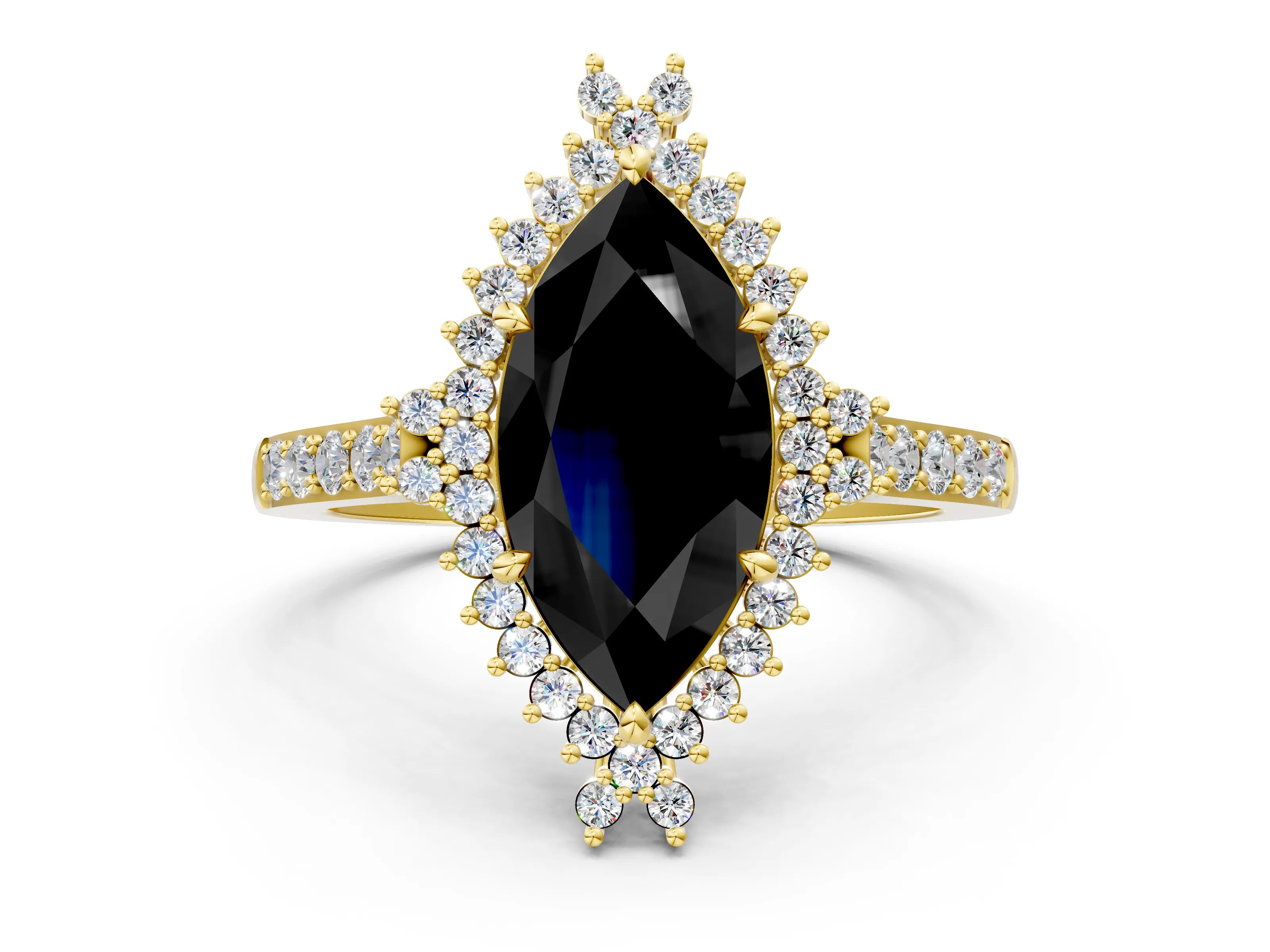 Yellow gold Fancy Black Marquise Cut Cut Diamond Sunburst Halo Engagement Ring with Pavé Band_10