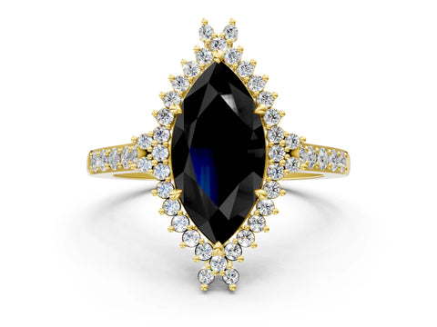 Yellow gold Fancy Black Marquise Cut Cut Diamond Sunburst Halo Engagement Ring with Pavé Band_10