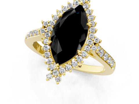 Yellow gold Fancy Black Marquise Cut Cut Diamond Sunburst Halo Engagement Ring with Pavé Band_11