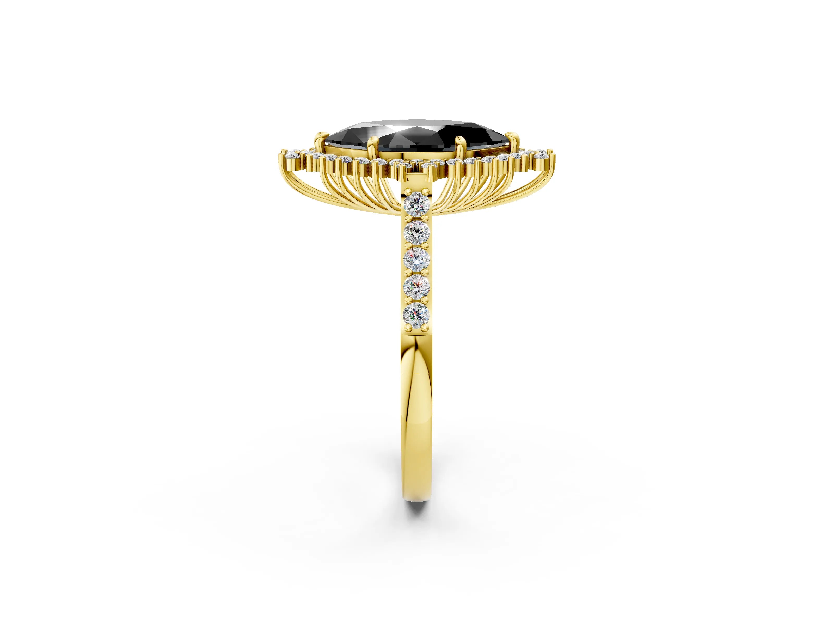 Yellow gold Fancy Black Marquise Cut Cut Diamond Sunburst Halo Engagement Ring with Pavé Band_12