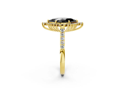 Yellow gold Fancy Black Marquise Cut Cut Diamond Sunburst Halo Engagement Ring with Pavé Band_12