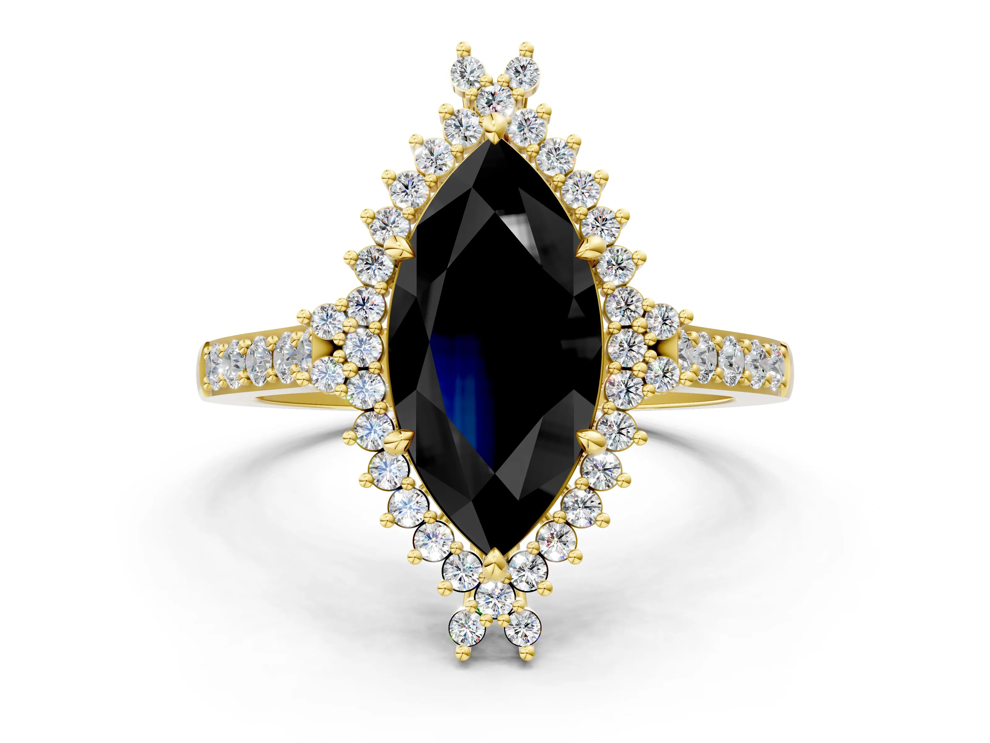 Yellow gold Fancy Black Marquise Cut Cut Diamond Sunburst Halo Engagement Ring with Pavé Band_22