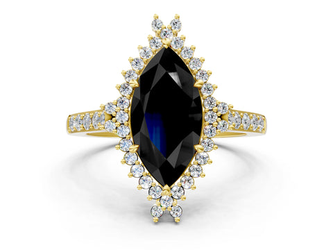 Yellow gold Fancy Black Marquise Cut Cut Diamond Sunburst Halo Engagement Ring with Pavé Band_22