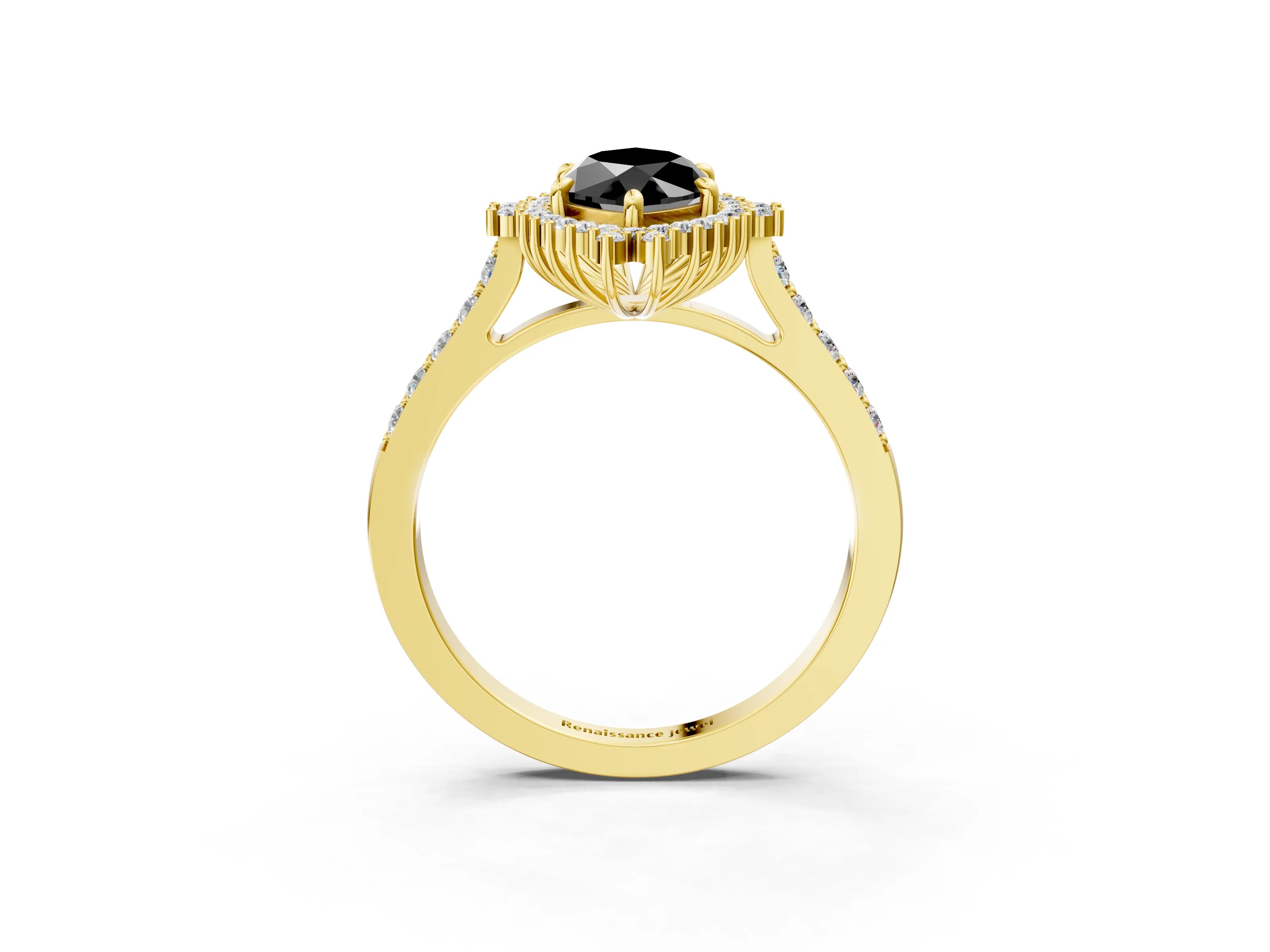 Yellow gold Fancy Black Marquise Cut Cut Diamond Sunburst Halo Engagement Ring with Pavé Band_25