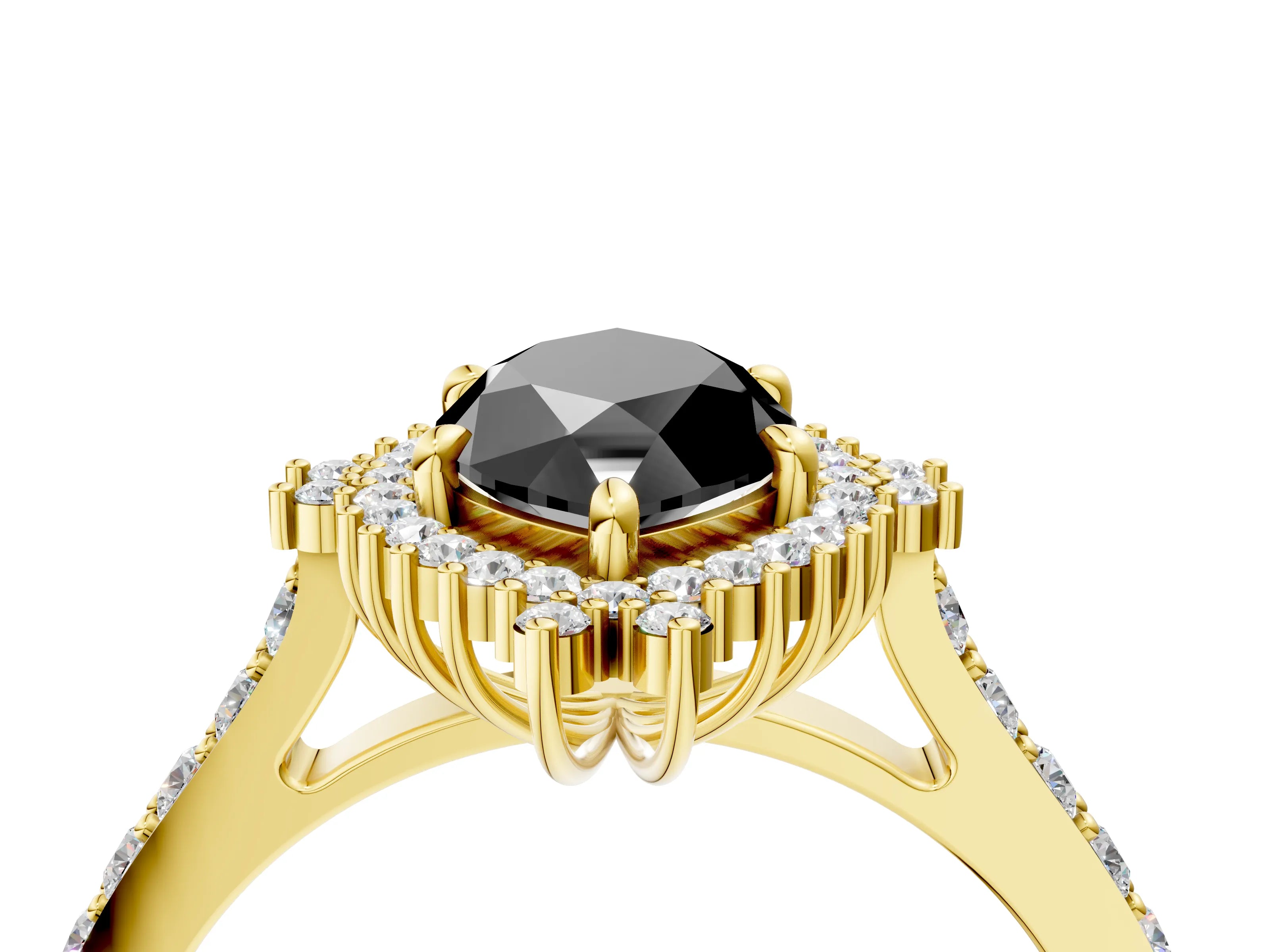 Yellow gold Fancy Black Marquise Cut Cut Diamond Sunburst Halo Engagement Ring with Pavé Band_26