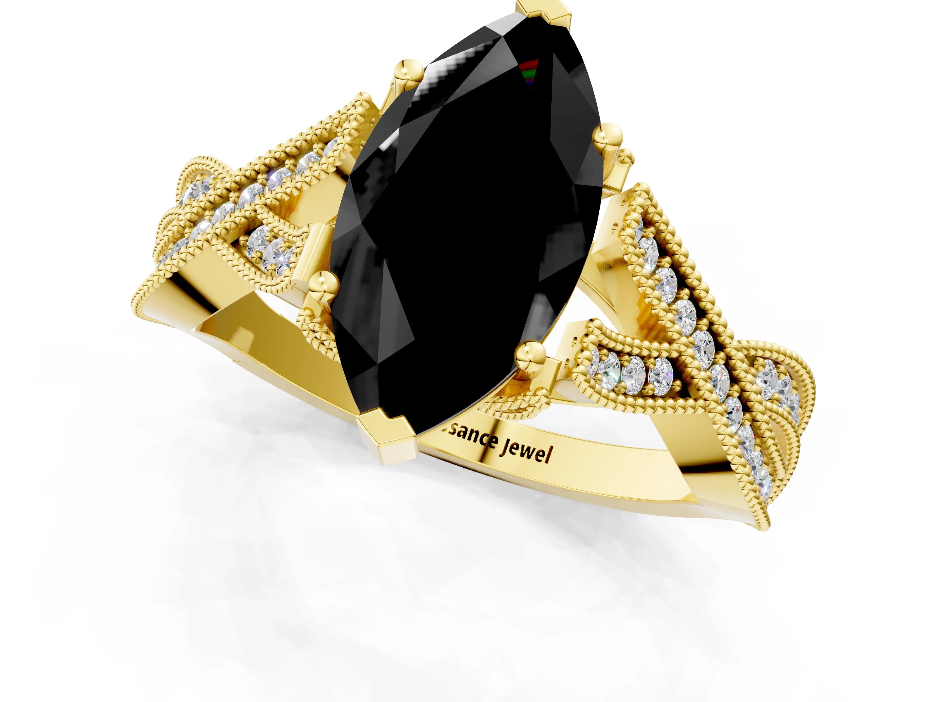 Yellow gold Fancy Black Marquise Cut Cut Diamond Twisted Band with Milgrain Pave Setting and Four-Prong Setting_1
