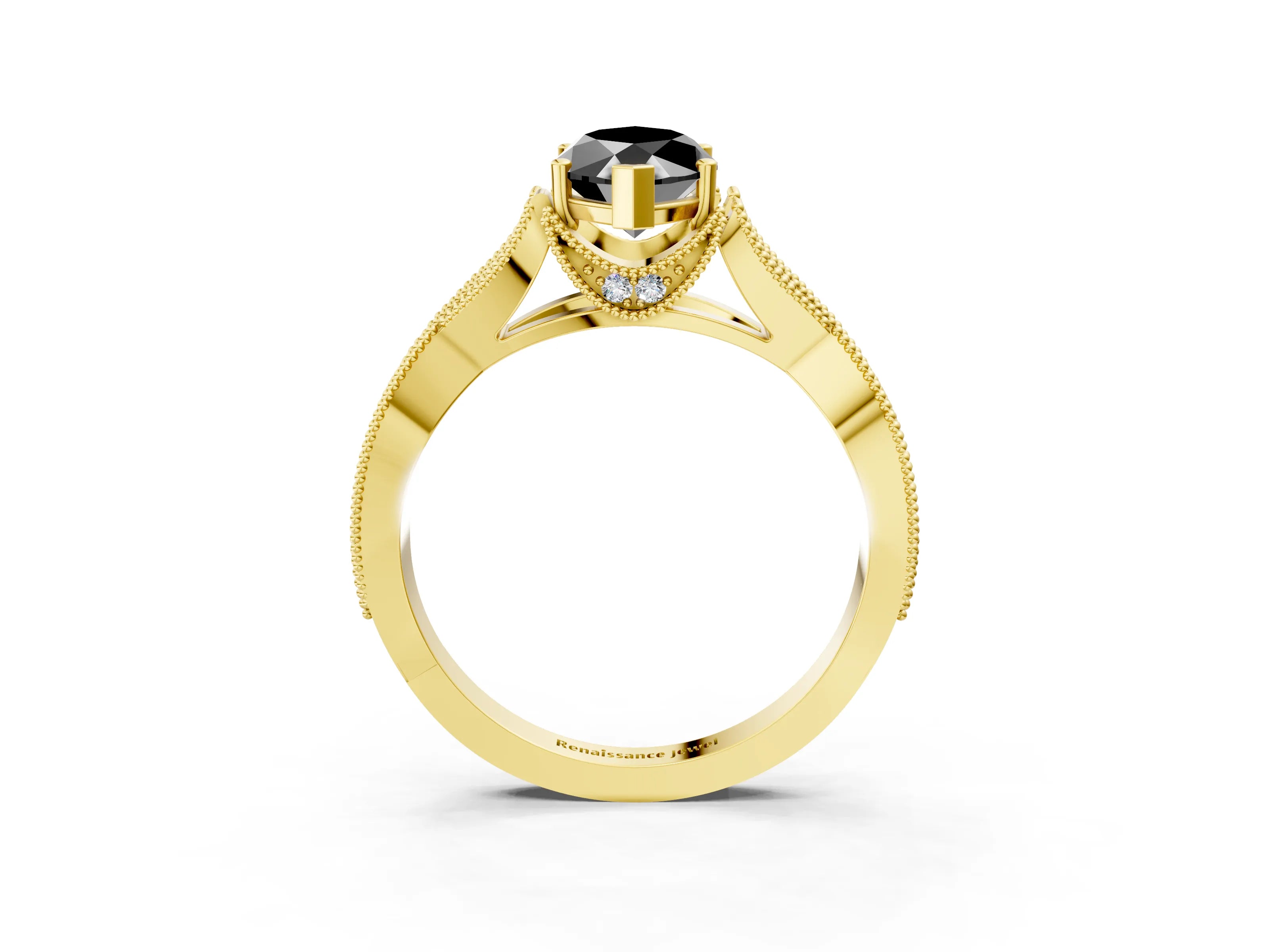 Yellow gold Fancy Black Marquise Cut Cut Diamond Twisted Band with Milgrain Pave Setting and Four-Prong Setting_3