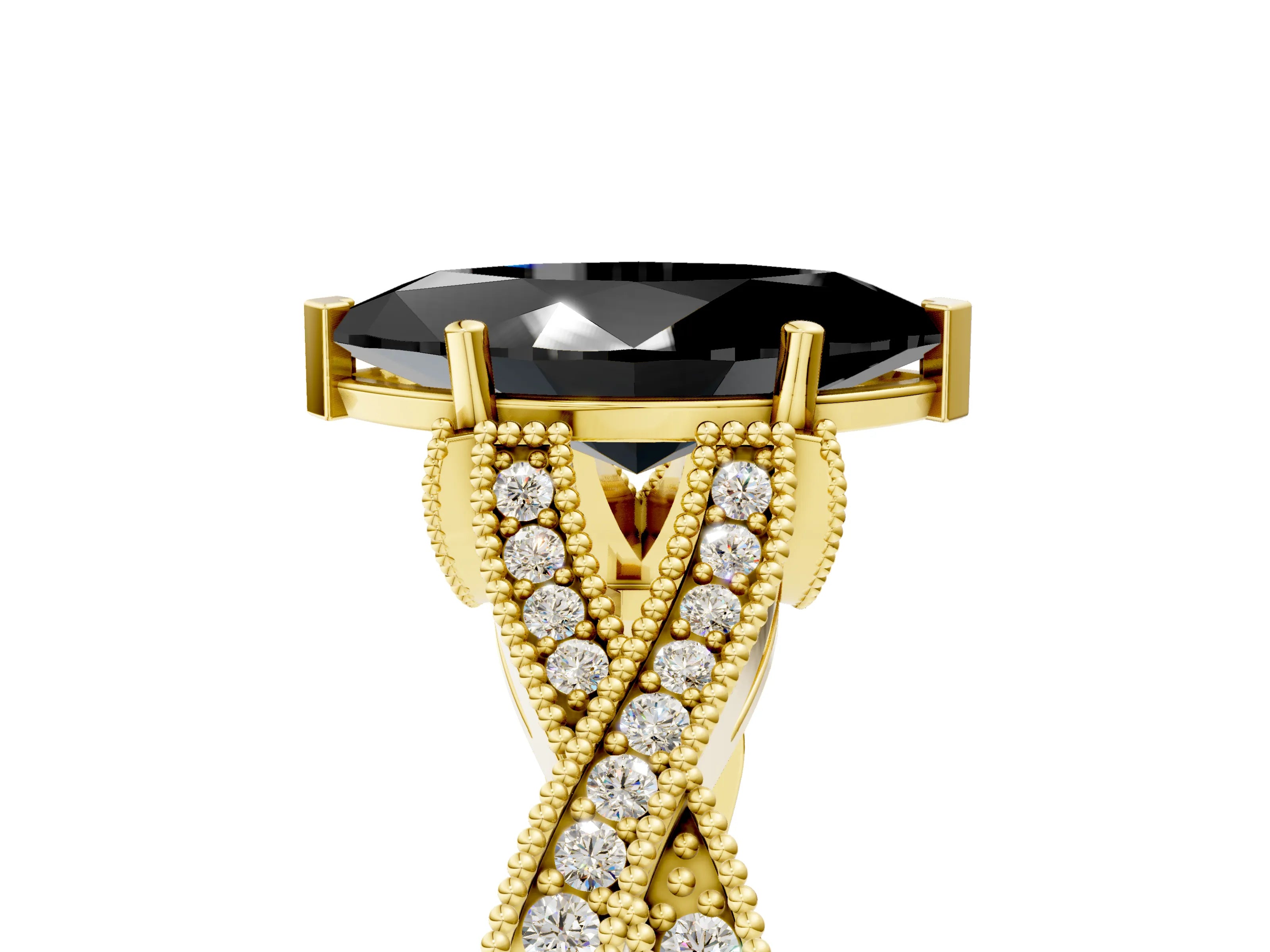 Yellow gold Fancy Black Marquise Cut Cut Diamond Twisted Band with Milgrain Pave Setting and Four-Prong Setting_5