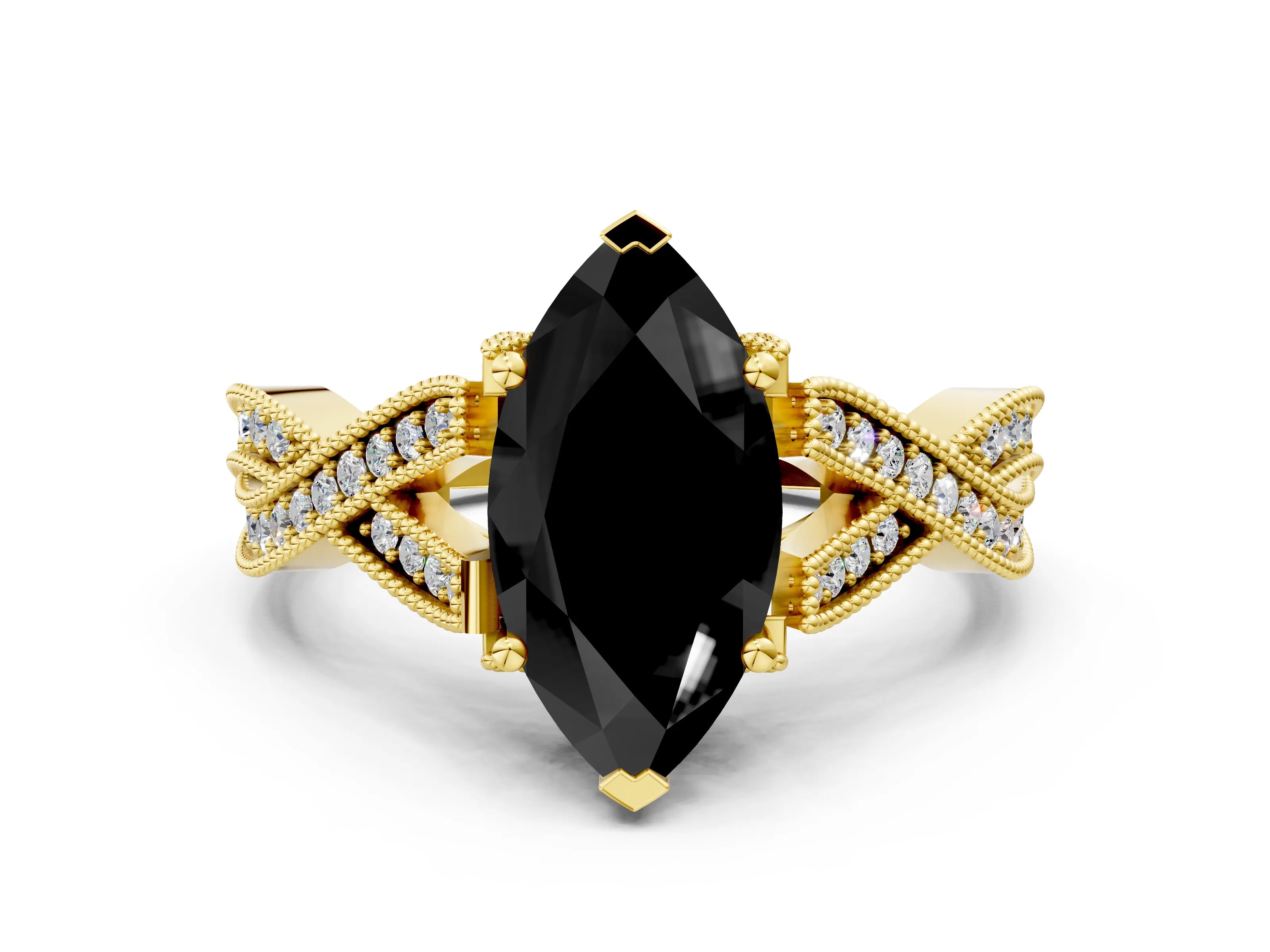 Yellow gold Fancy Black Marquise Cut Cut Diamond Twisted Band with Milgrain Pave Setting and Four-Prong Setting