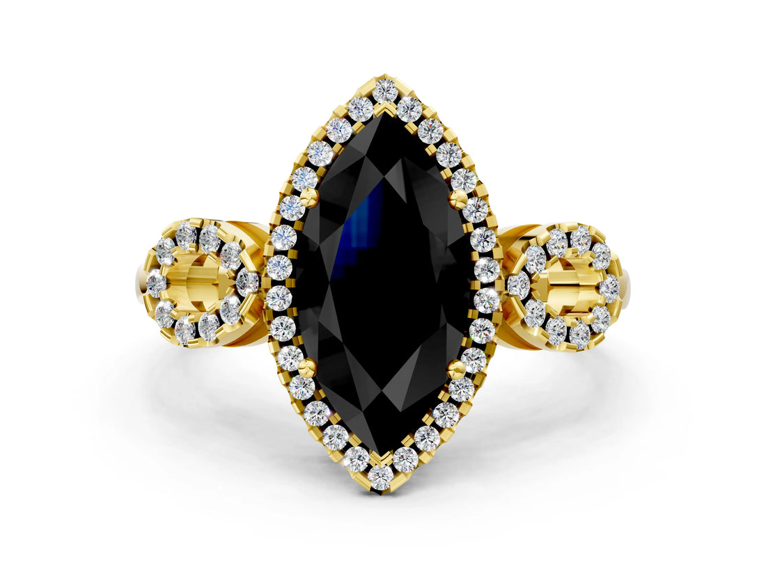 Yellow gold Fancy Black Marquise Cut Cut Halo Diamond Infinity Band with Four-Prong Setting