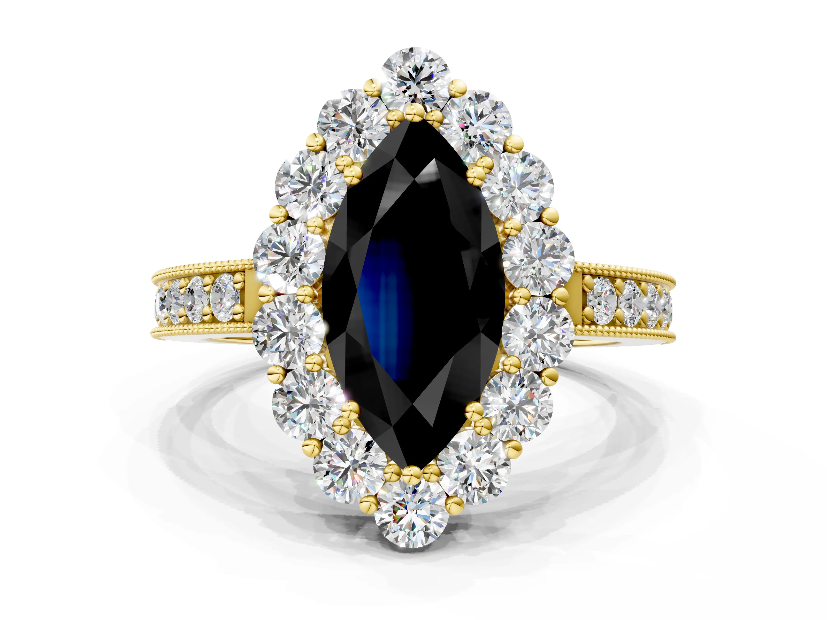 Yellow gold Fancy Black Marquise Cut Cut Halo Diamond Pavé Engagement Ring with Milgrain Detailing