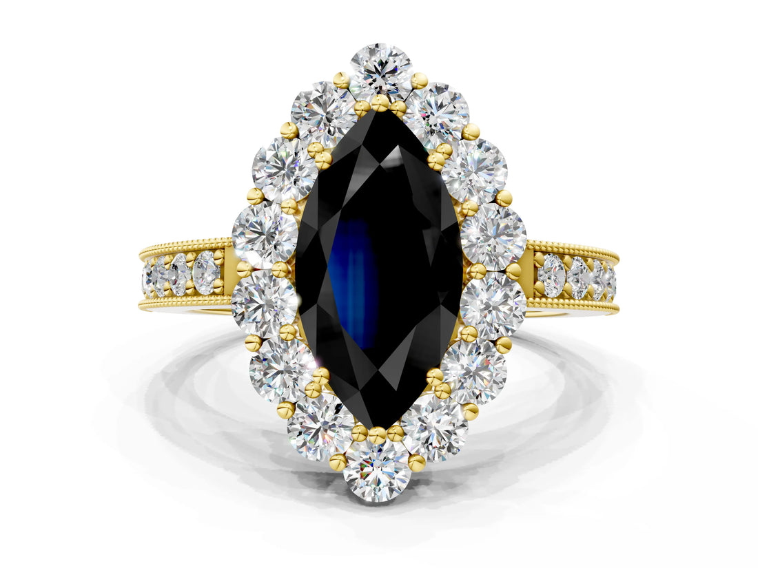 Yellow gold Fancy Black Marquise Cut Cut Halo Diamond Pavé Engagement Ring with Milgrain Detailing