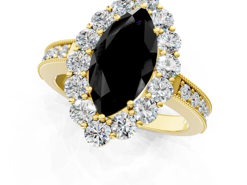 Yellow gold Fancy Black Marquise Cut Cut Halo Diamond Pavé Engagement Ring with Milgrain Detailing_1