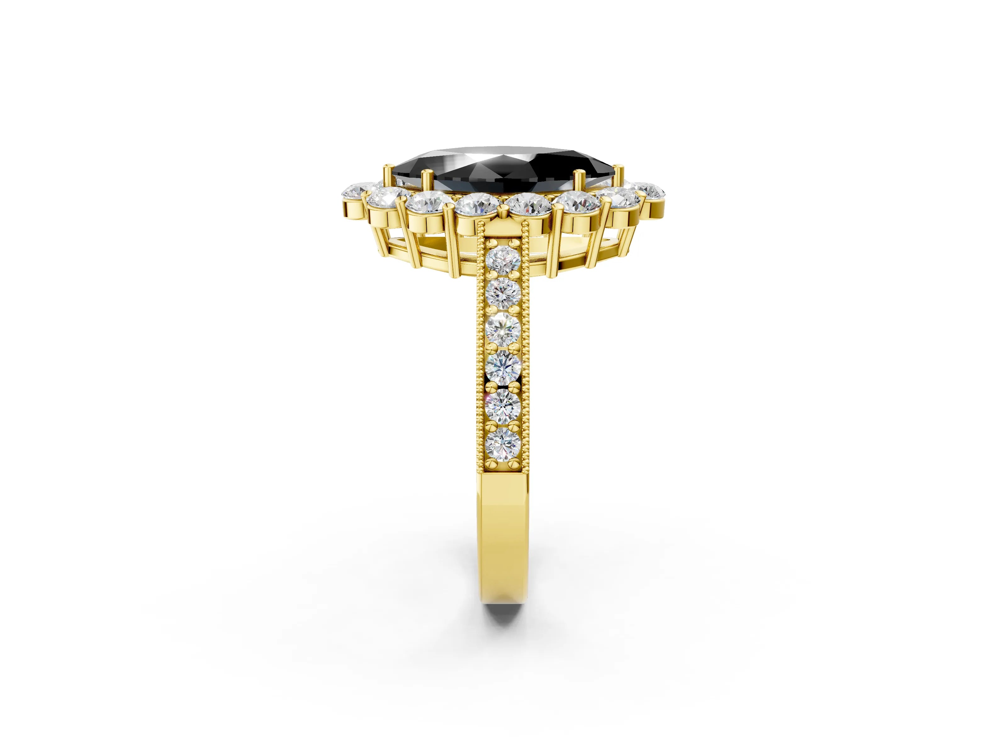 Yellow gold Fancy Black Marquise Cut Cut Halo Diamond Pavé Engagement Ring with Milgrain Detailing_2