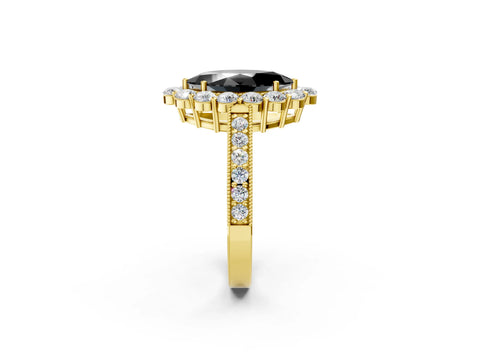 Yellow gold Fancy Black Marquise Cut Cut Halo Diamond Pavé Engagement Ring with Milgrain Detailing_2
