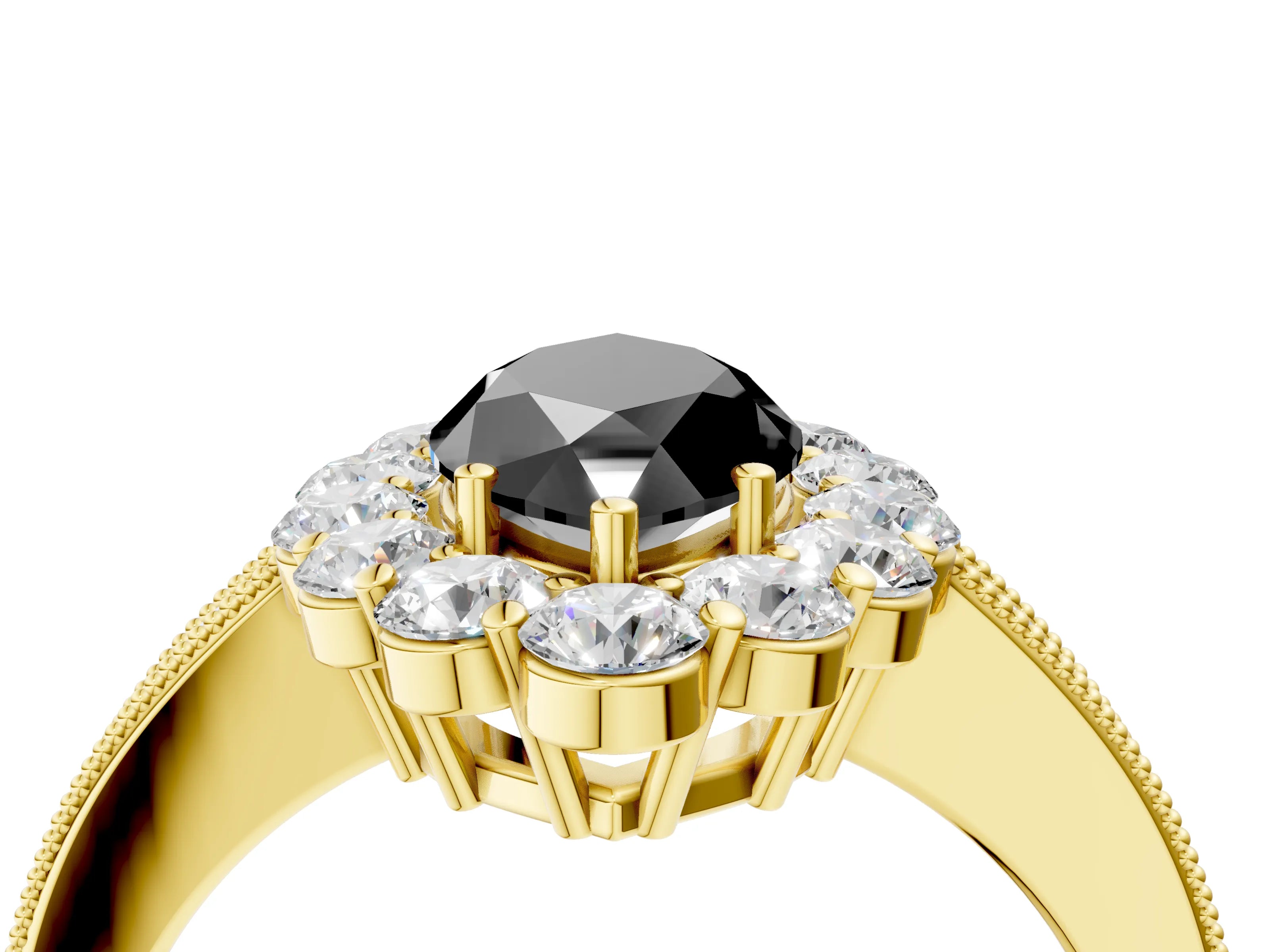 Yellow gold Fancy Black Marquise Cut Cut Halo Diamond Pavé Engagement Ring with Milgrain Detailing_4