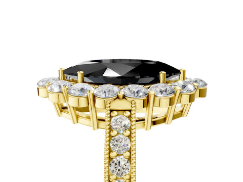 Yellow gold Fancy Black Marquise Cut Cut Halo Diamond Pavé Engagement Ring with Milgrain Detailing_5