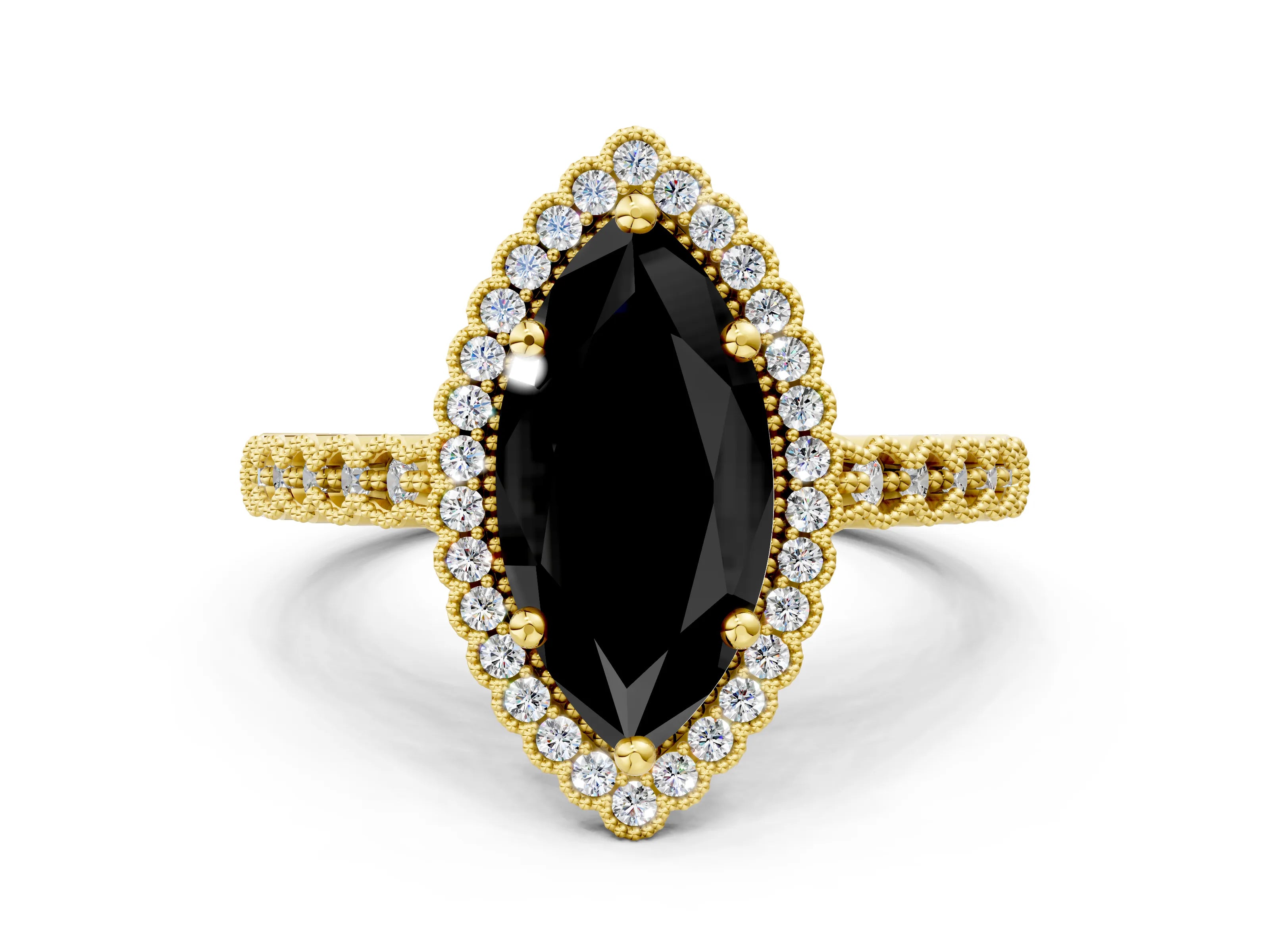 Yellow gold Fancy Black Marquise Cut Cut Halo Pavé Solitaire Ring with Milgrain Band