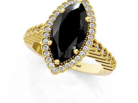 Yellow gold Fancy Black Marquise Cut Cut Halo Pavé Solitaire Ring with Milgrain Band_1