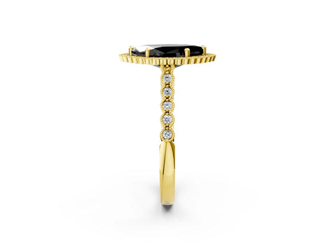 Yellow gold Fancy Black Marquise Cut Cut Halo Pavé Solitaire Ring with Milgrain Band_2