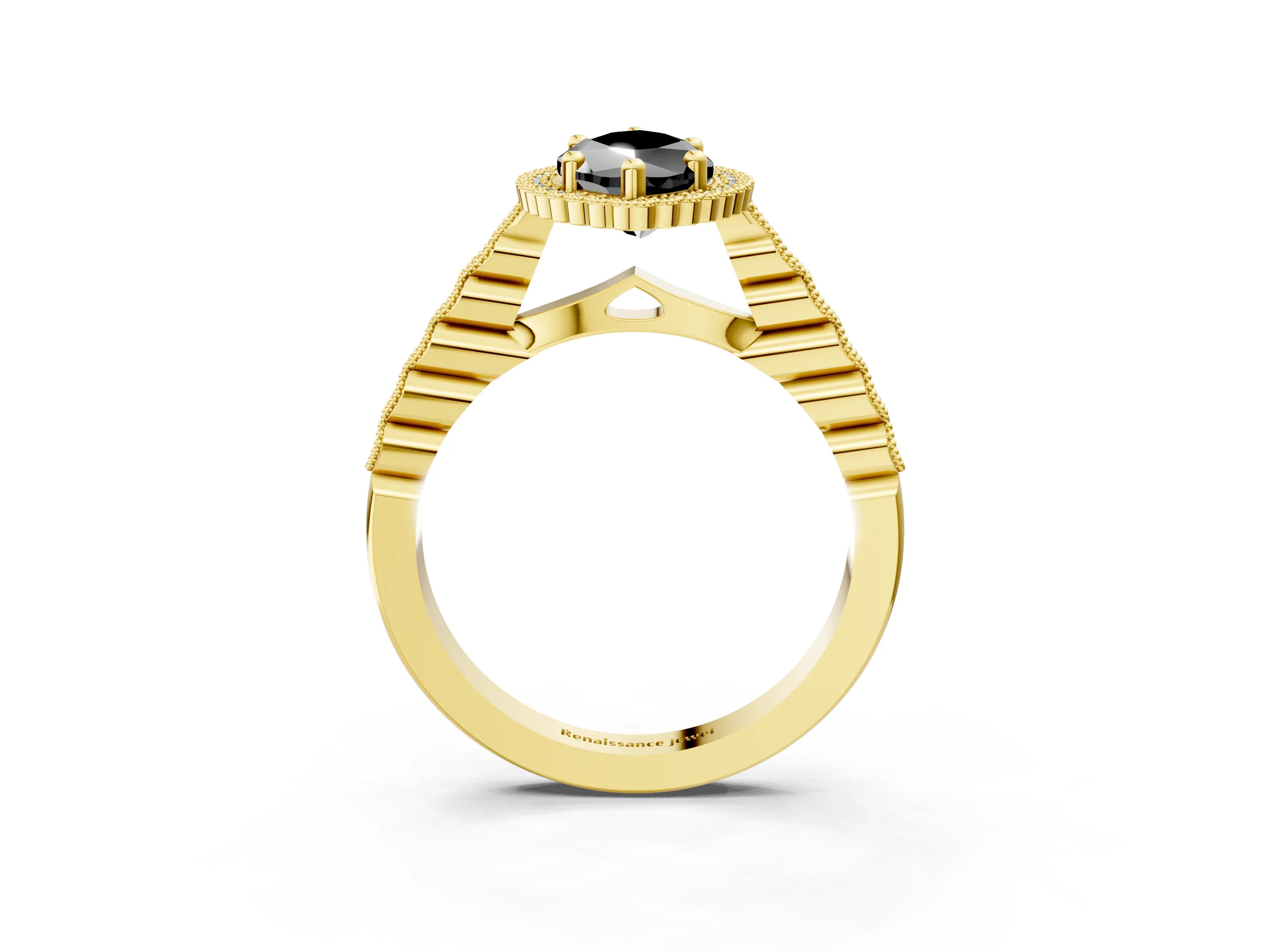 Yellow gold Fancy Black Marquise Cut Cut Halo Pavé Solitaire Ring with Milgrain Band_3