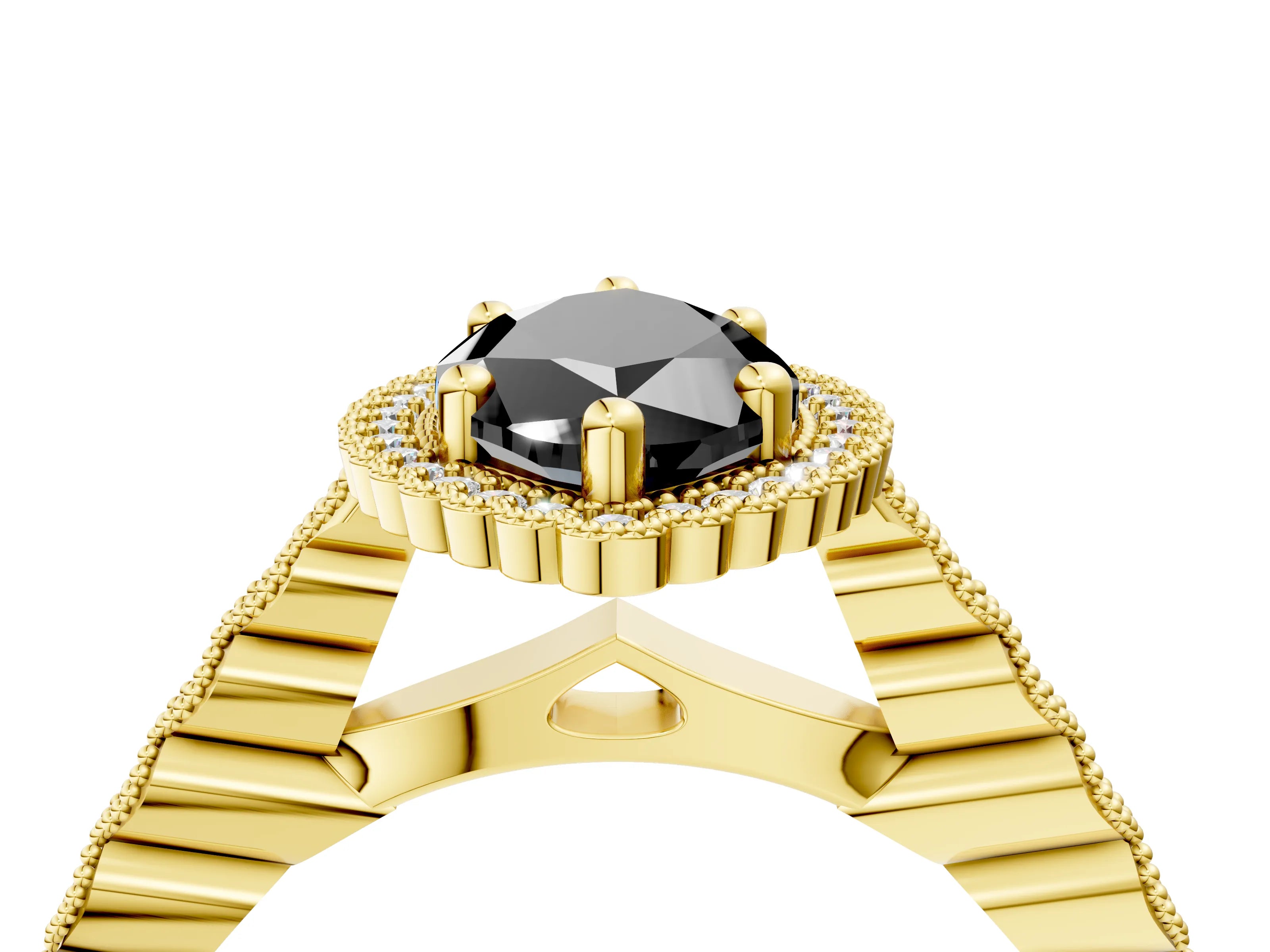 Yellow gold Fancy Black Marquise Cut Cut Halo Pavé Solitaire Ring with Milgrain Band_4