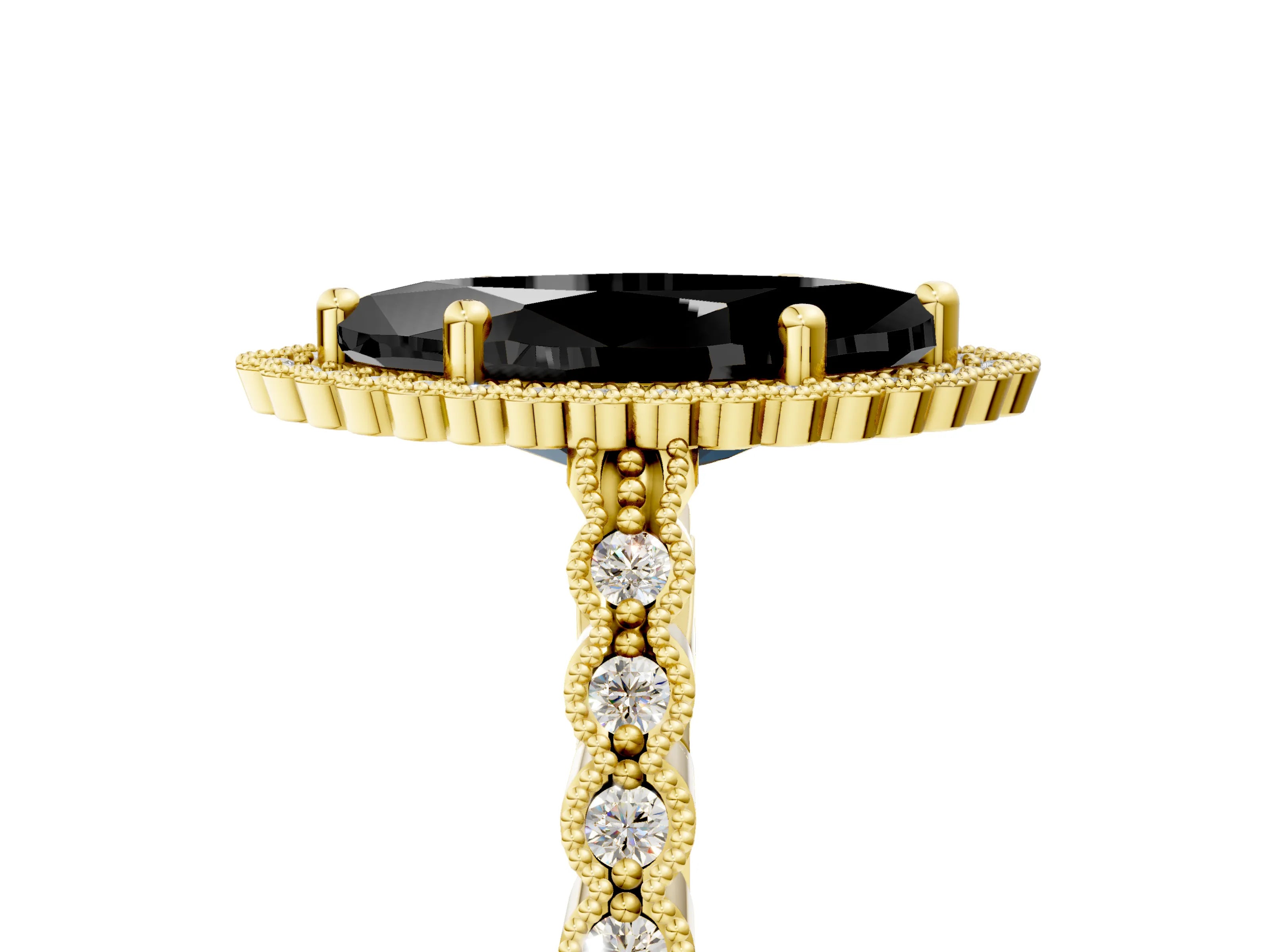 Yellow gold Fancy Black Marquise Cut Cut Halo Pavé Solitaire Ring with Milgrain Band_5