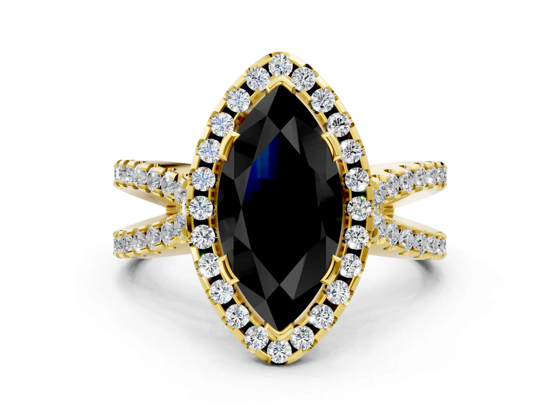 Yellow gold Fancy Black Marquise Cut Cut Halo Split Shank Pave Set Ring