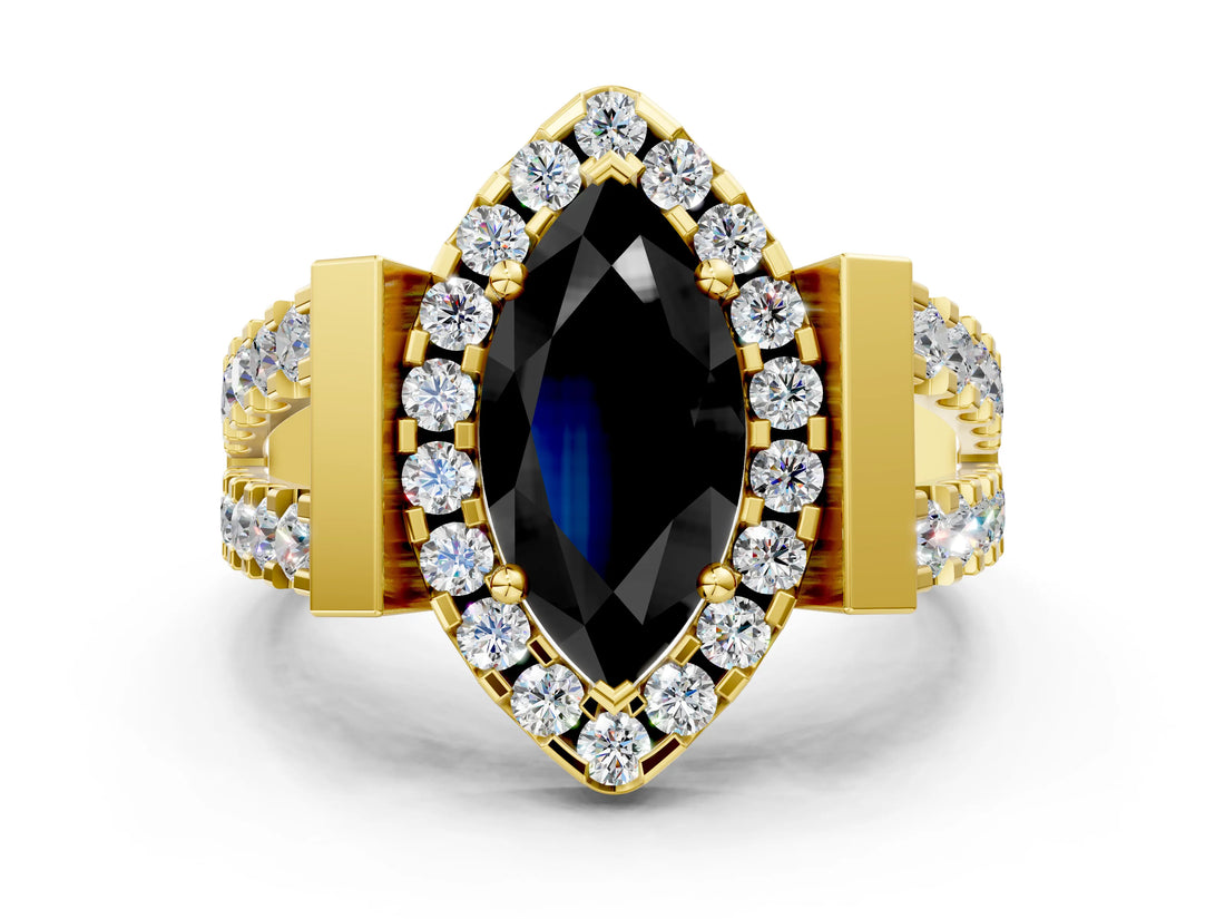 Yellow gold Fancy Black Marquise Cut Cut Halo Split Shank Prong Set Ring