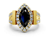 Yellow gold Fancy Black Marquise Cut Cut Halo Split Shank Prong Set Ring