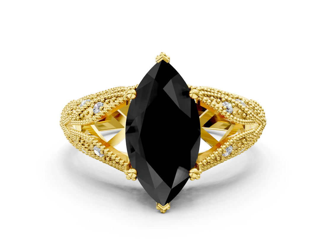 Yellow gold Fancy Black Marquise Cut Cut Milgrain Pave Diamond Engagement Ring with Four-Prong Setting_3