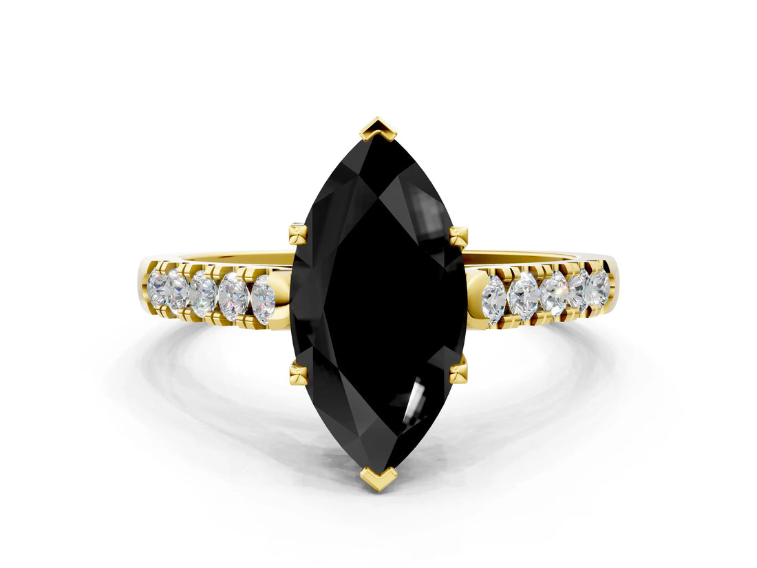 Yellow gold Fancy Black Marquise Cut Cut Pavé Band Solitaire Ring with Four-Prong Setting