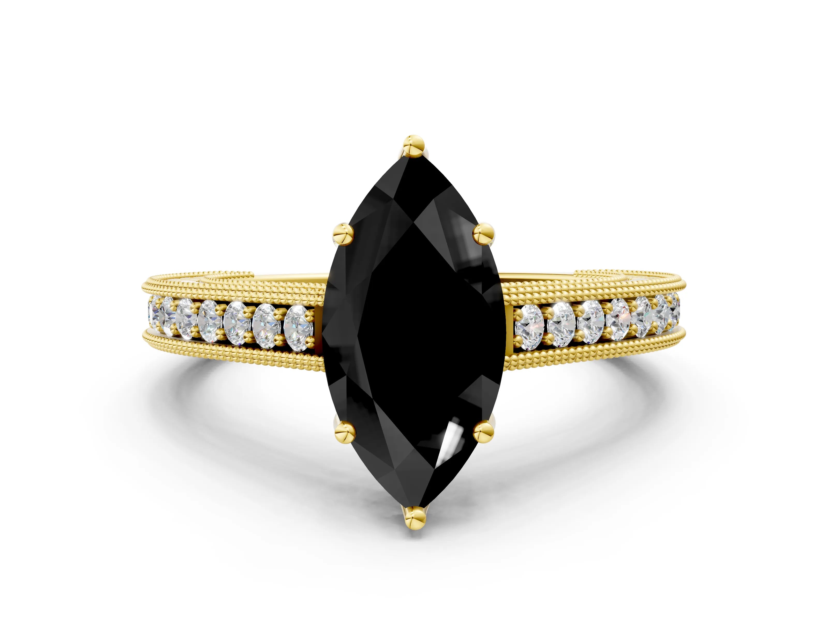 Yellow gold Fancy Black Marquise Cut Cut Pave Band Milgrain Solitaire Ring
