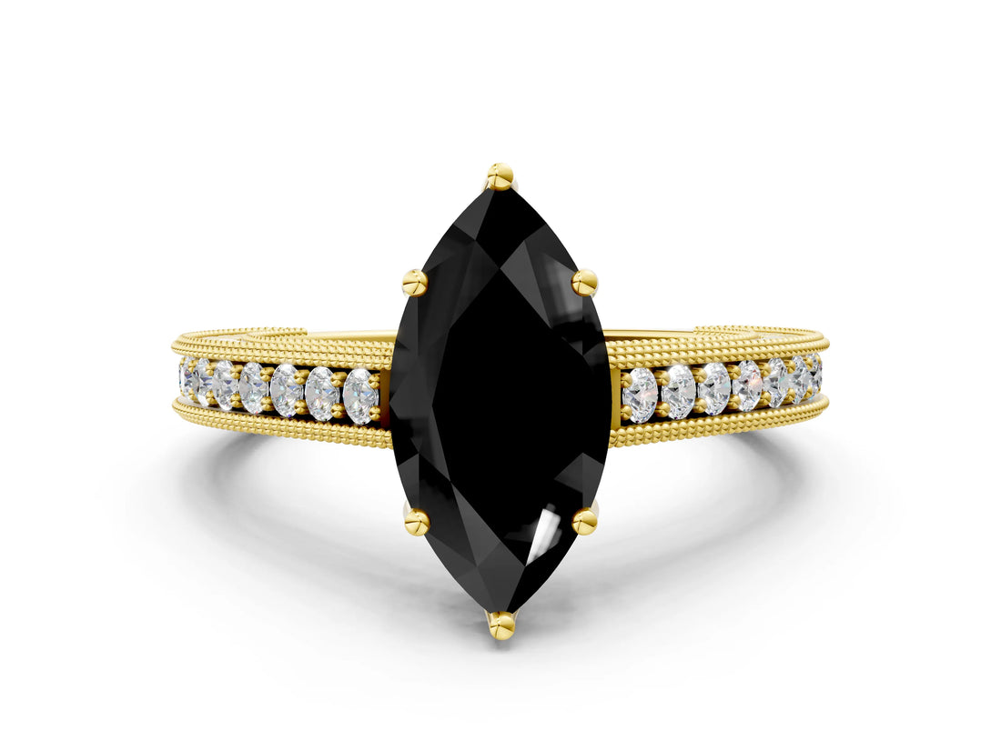 Yellow gold Fancy Black Marquise Cut Cut Pave Band Milgrain Solitaire Ring