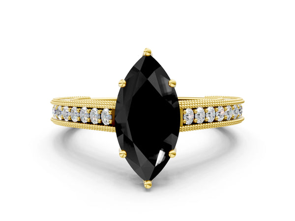 Yellow Gold Marquise Vintage Pave Engagement Ring Setting for Black Center