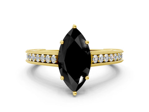 Yellow gold Fancy Black Marquise Cut Cut Pave Band Milgrain Solitaire Ring