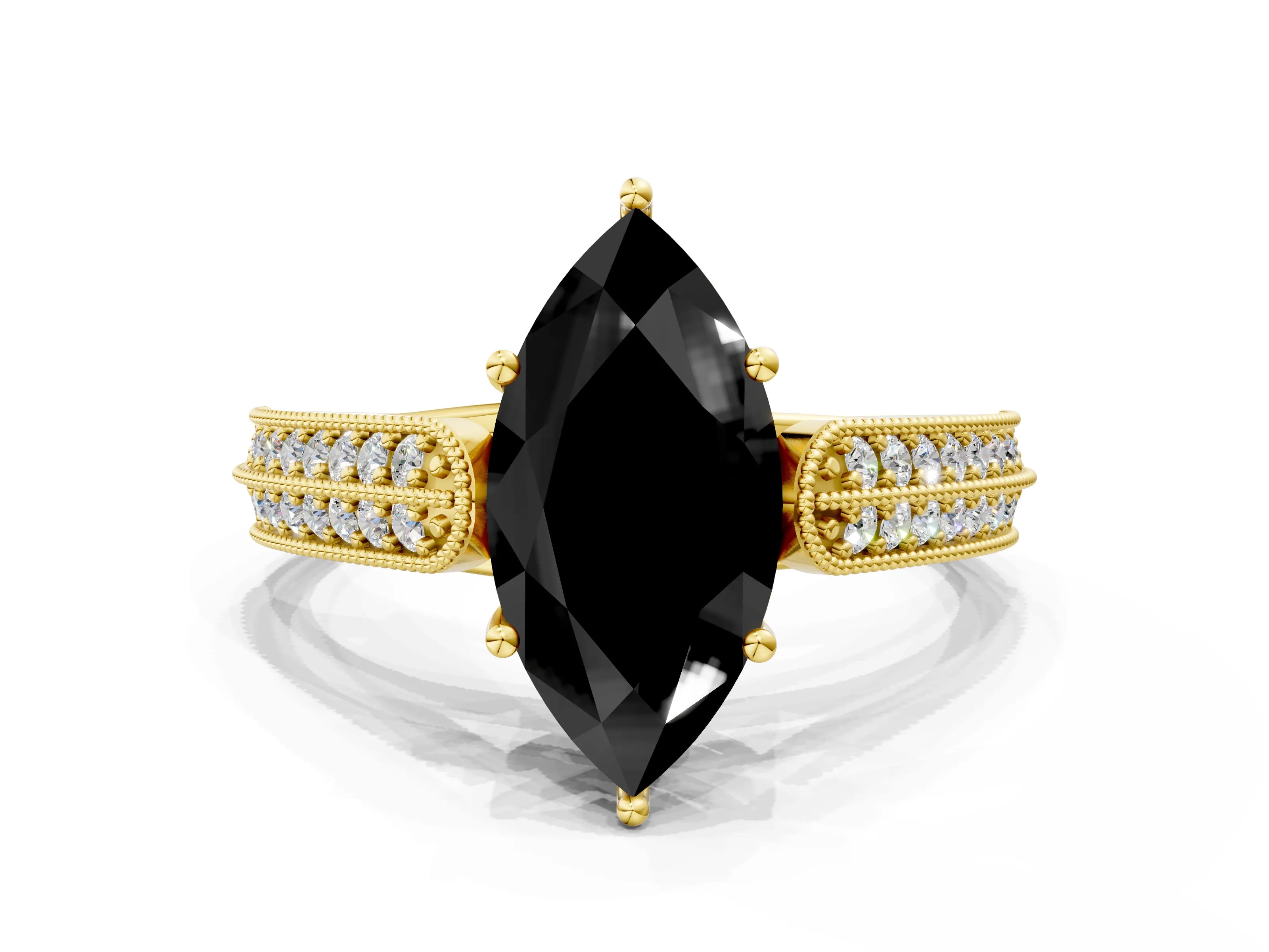 Yellow gold Fancy Black Marquise Cut Cut Pave Split Shank Engagement Ring with Four-Prong Setting