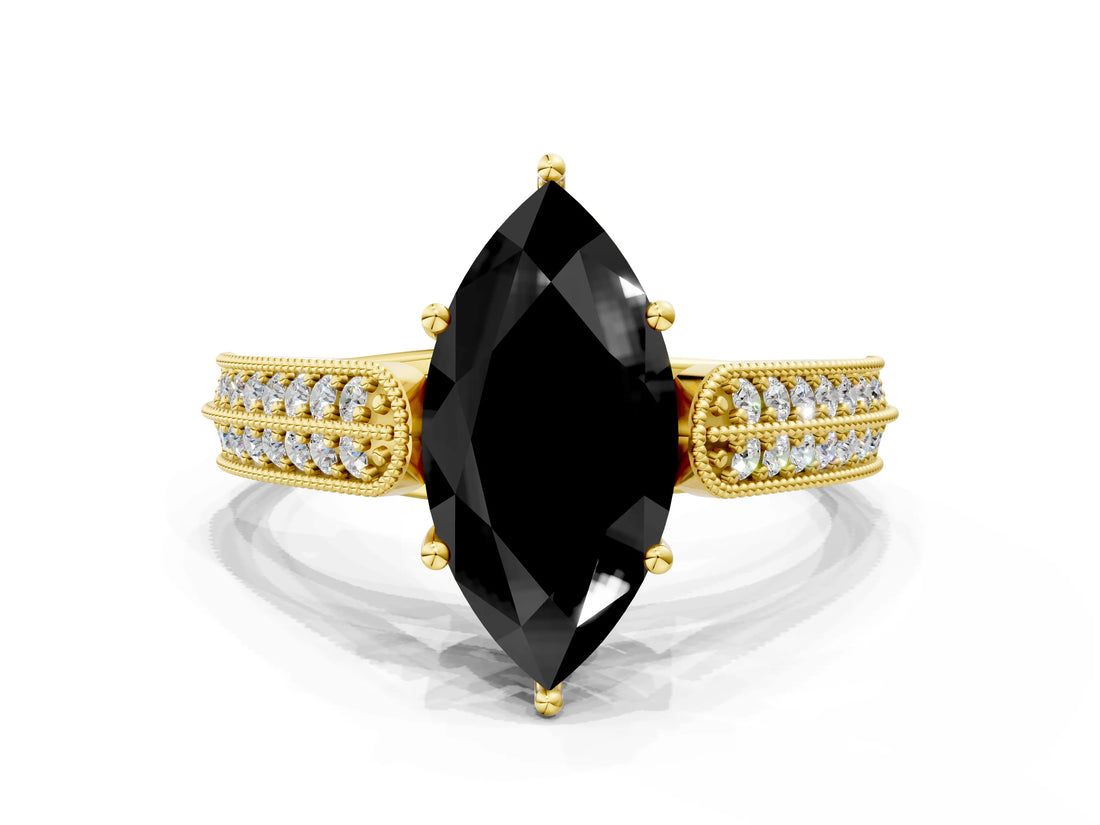Yellow gold Fancy Black Marquise Cut Cut Pave Split Shank Engagement Ring with Four-Prong Setting