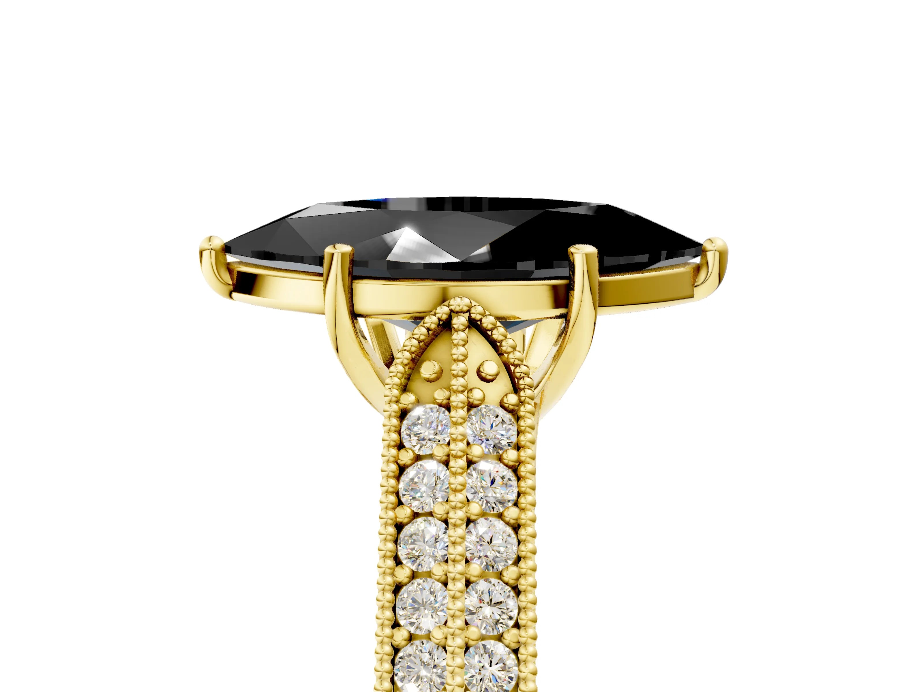Yellow gold Fancy Black Marquise Cut Cut Pave Split Shank Engagement Ring with Four-Prong Setting_5