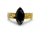 Yellow gold Fancy Black Marquise Cut Cut Solitaire Engraved Band with Four-Prong Setting