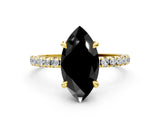 Yellow gold Fancy Black Marquise Cut Diamond Brilliant Solitaire Ring with Pavé Band and Four-Prong Setting
