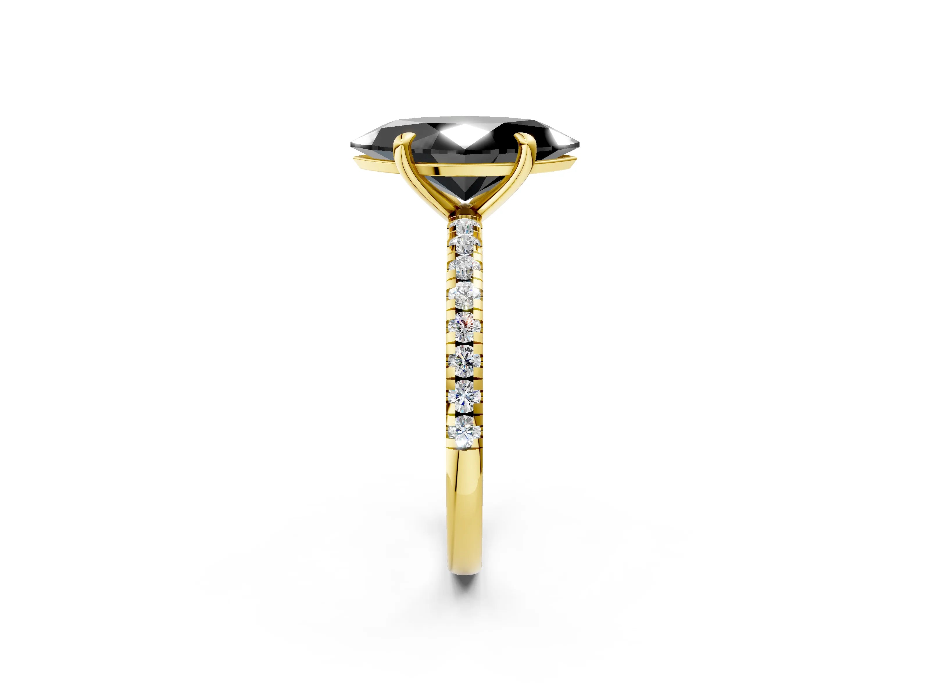 Yellow gold Fancy Black Marquise Cut Diamond Brilliant Solitaire Ring with Pavé Band and Four-Prong Setting_2