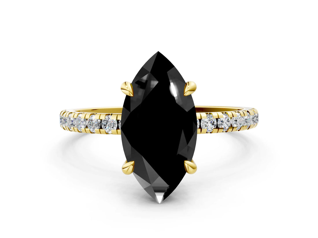 Yellow gold Fancy Black Marquise Cut Diamond Brilliant Solitaire Ring with Pavé Band and Four-Prong Setting_24