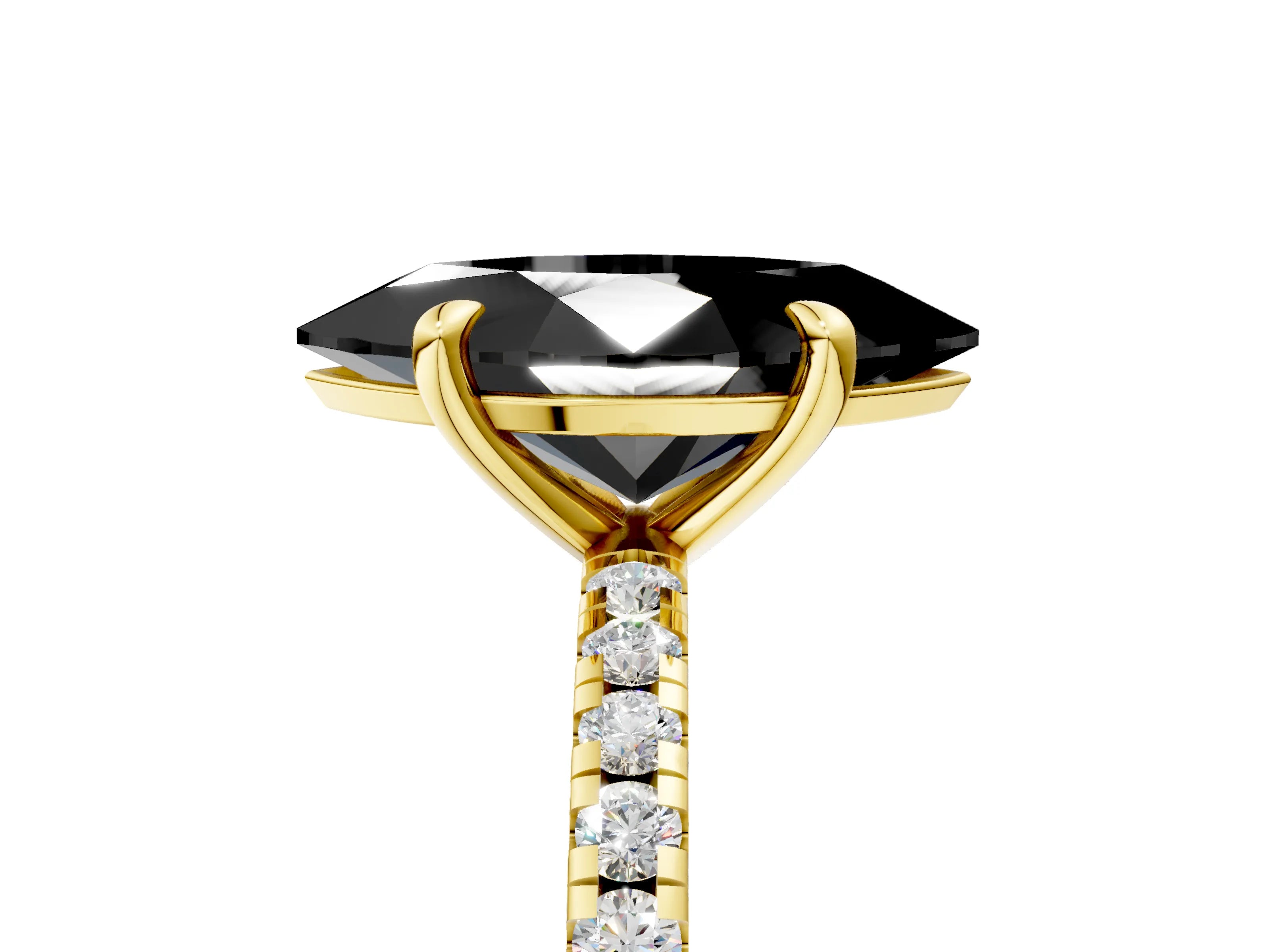 Yellow gold Fancy Black Marquise Cut Diamond Brilliant Solitaire Ring with Pavé Band and Four-Prong Setting_5