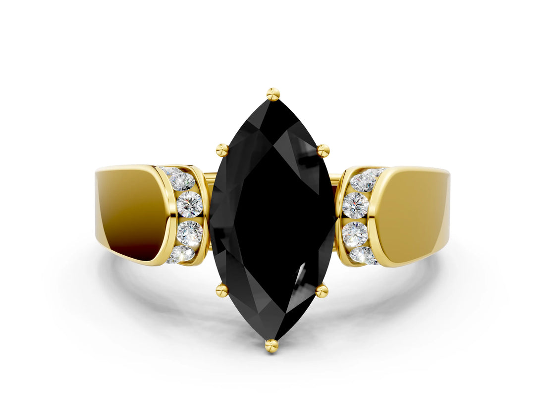 Yellow gold Fancy Black Marquise Cut Diamond Channel Set Solitaire Ring with Four-Prong Setting_12