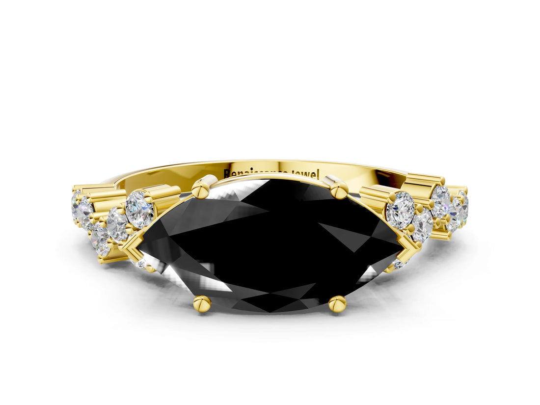 Yellow gold Fancy Black Marquise Cut Diamond Cluster Pavé Band with Four-Prong Setting_3
