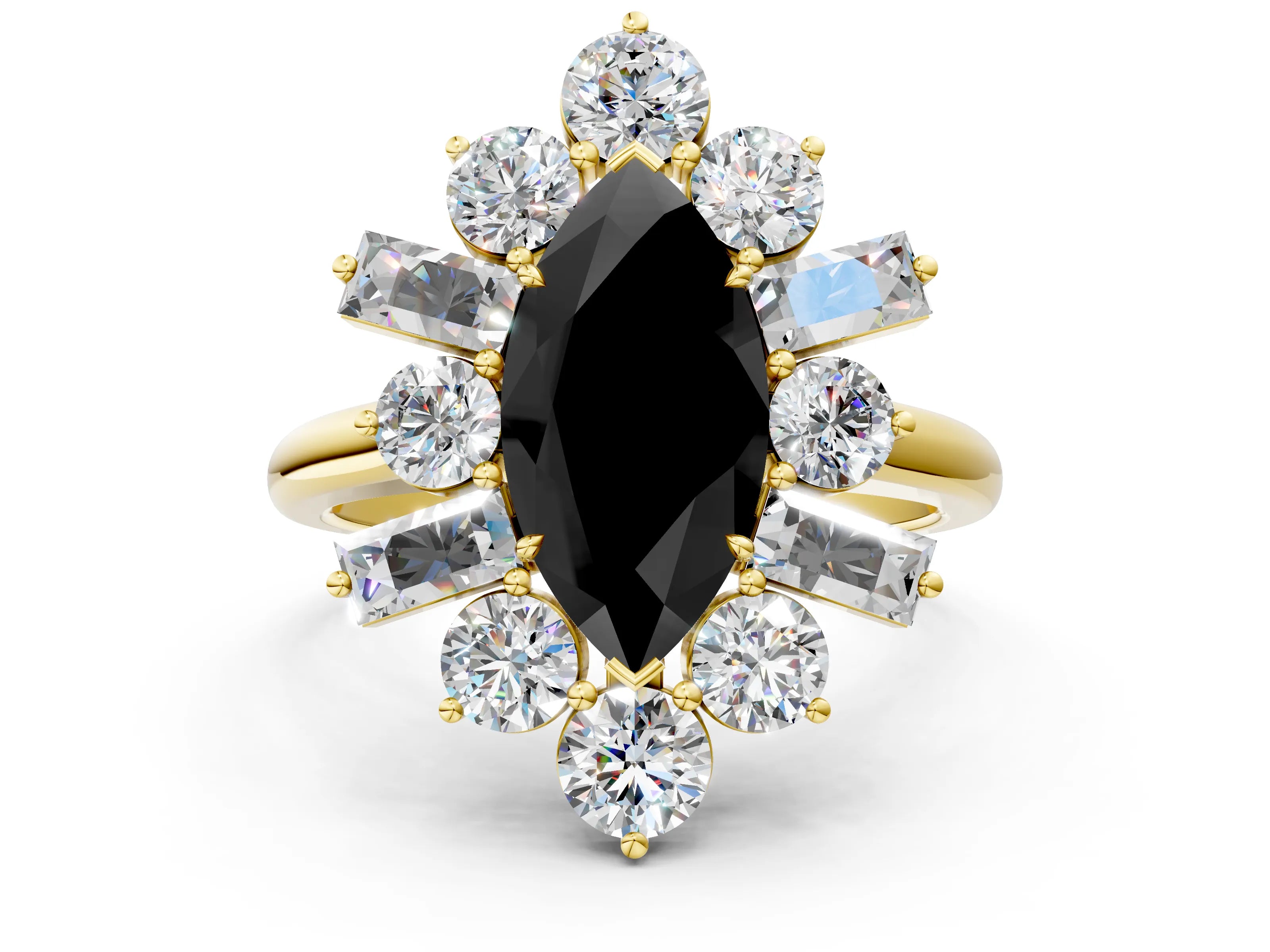 Yellow gold Fancy Black Marquise Cut Diamond Cluster Ring with Round and Baguette Stones, Split Shank Band, Prong Setting