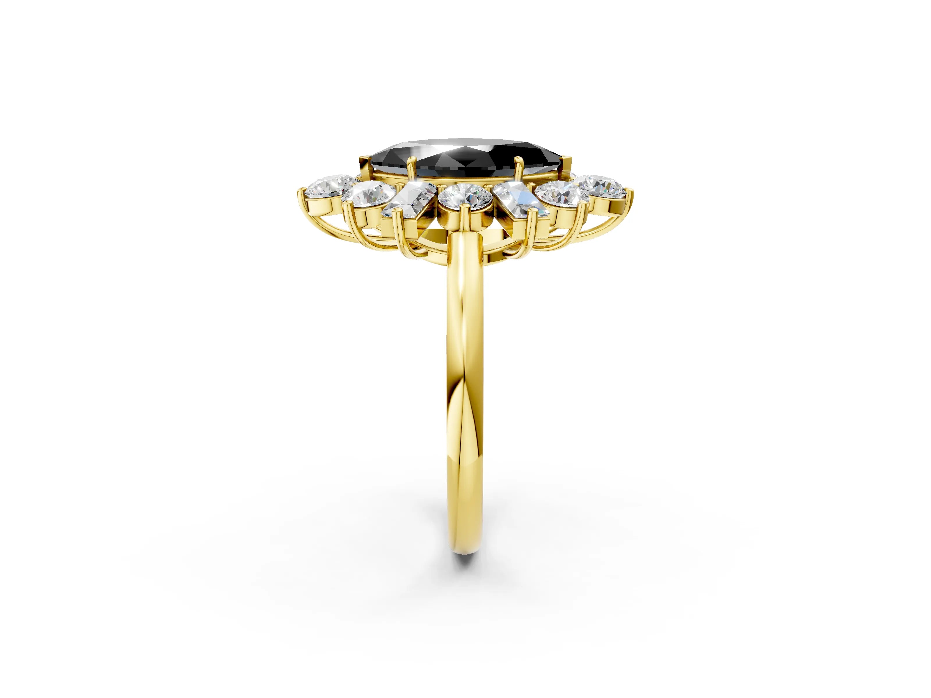Yellow gold Fancy Black Marquise Cut Diamond Cluster Ring with Round and Baguette Stones, Split Shank Band, Prong Setting_2