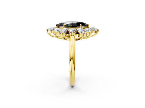 Yellow gold Fancy Black Marquise Cut Diamond Cluster Ring with Round and Baguette Stones, Split Shank Band, Prong Setting_2
