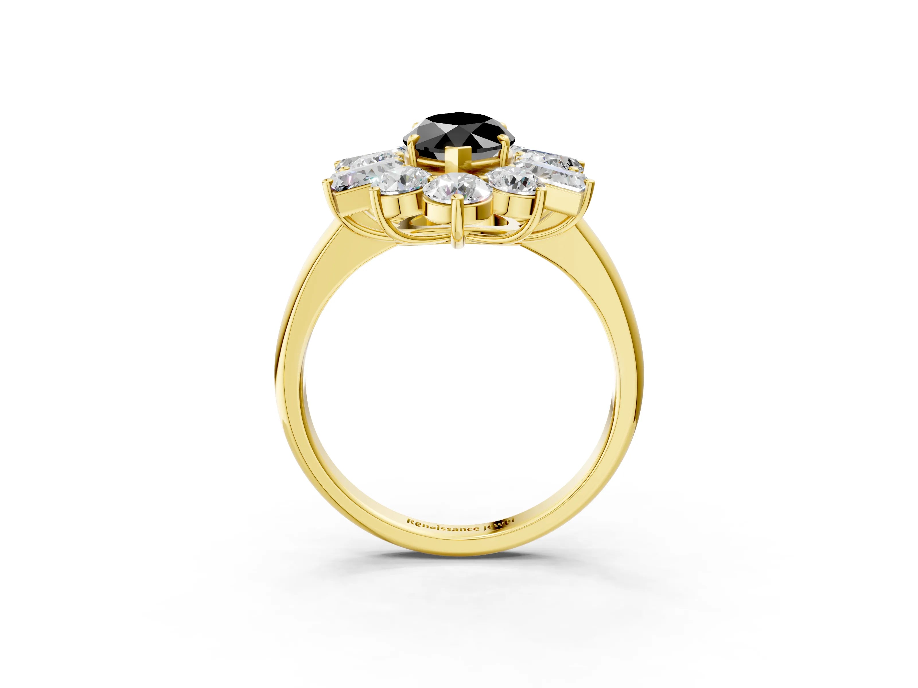 Yellow gold Fancy Black Marquise Cut Diamond Cluster Ring with Round and Baguette Stones, Split Shank Band, Prong Setting_3